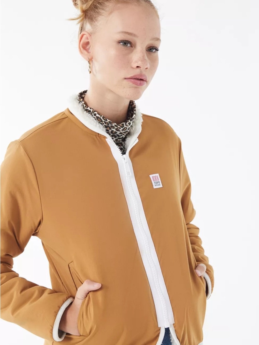Topo Designs reversible Sherpa Camel Bomber Jacket with White Trim
